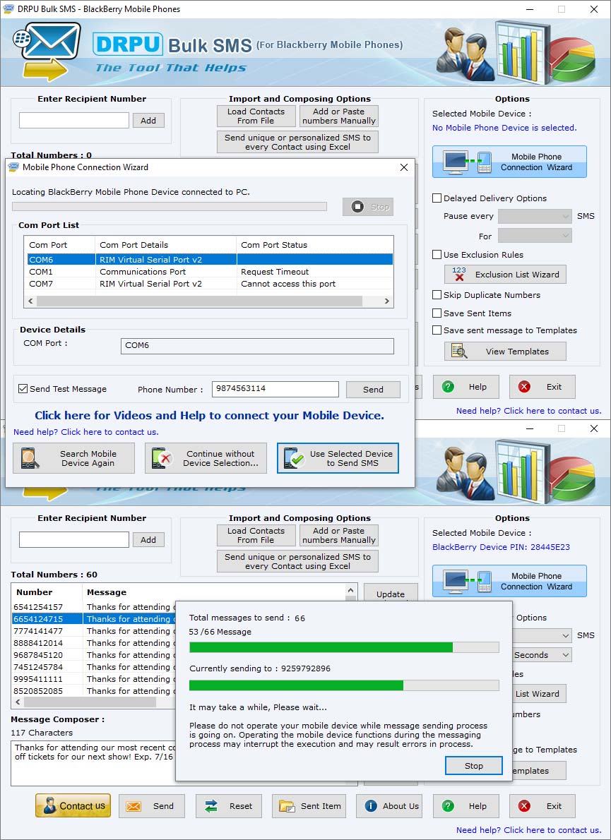Captura de pantalla de BlackBerry Group SMS Software