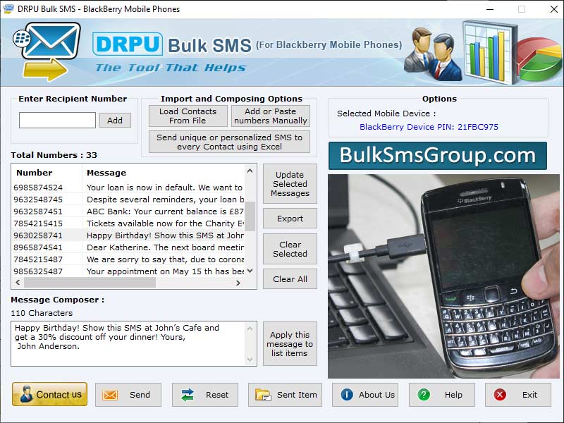 Captura de pantalla de Bulk SMS BlackBerry