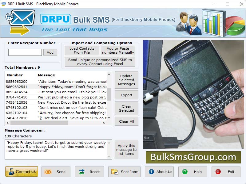 Captura de pantalla de Blackberry Bulk Messaging Software