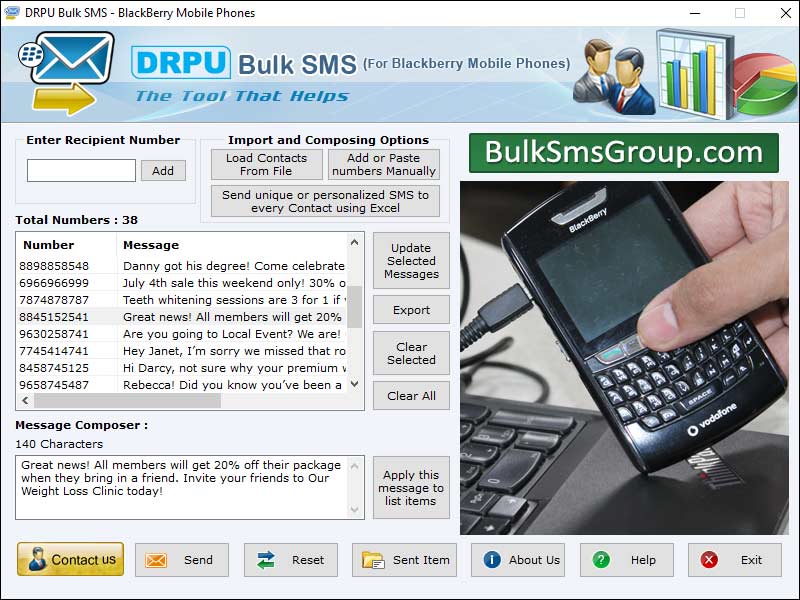Captura de pantalla de Bulk SMS for Blackberry