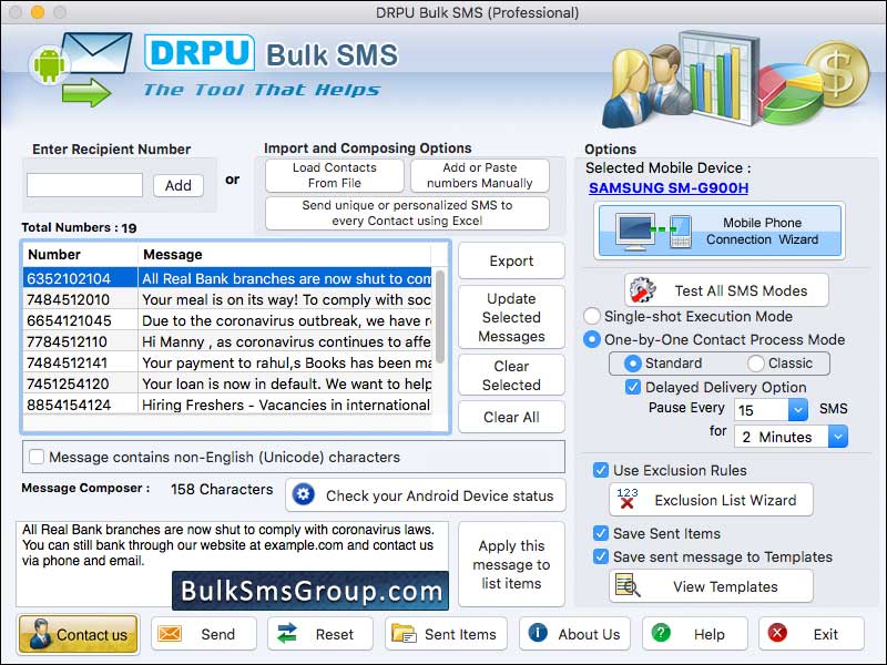 Captura de pantalla de Android Bulk SMS Mac