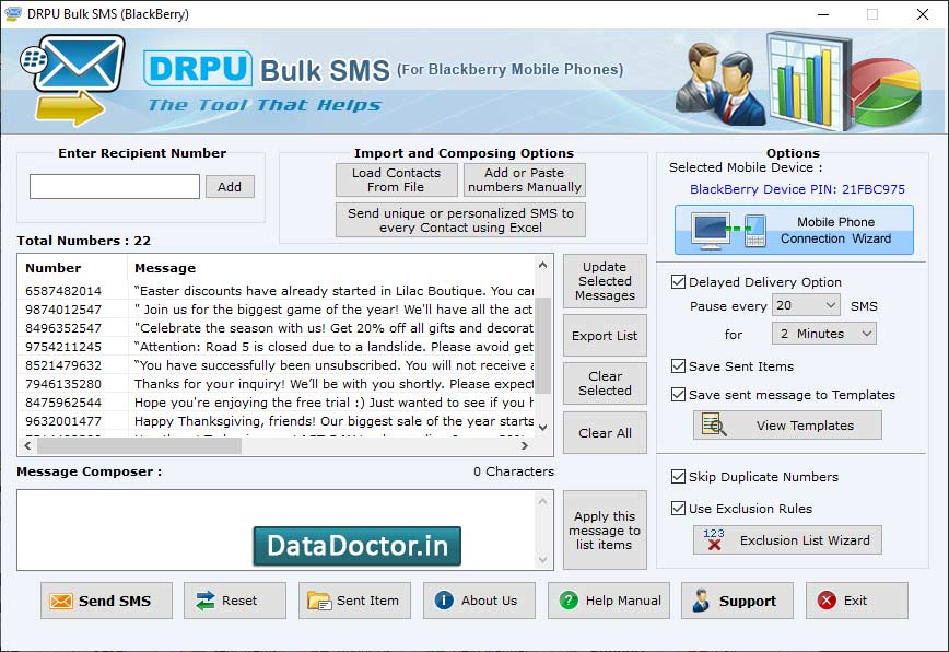Captura de pantalla de BlackBerry Bulk SMS Software