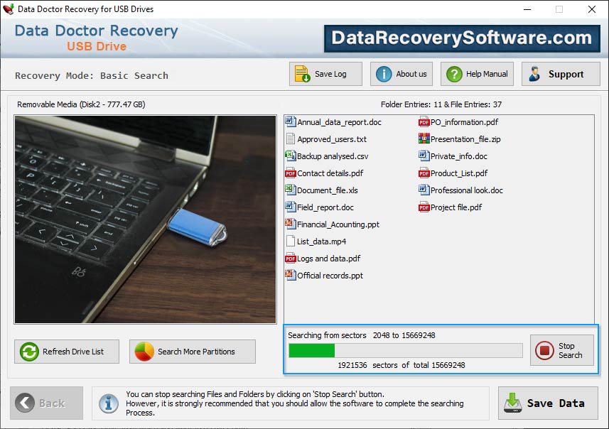 Captura de pantalla de USB Data Recovery