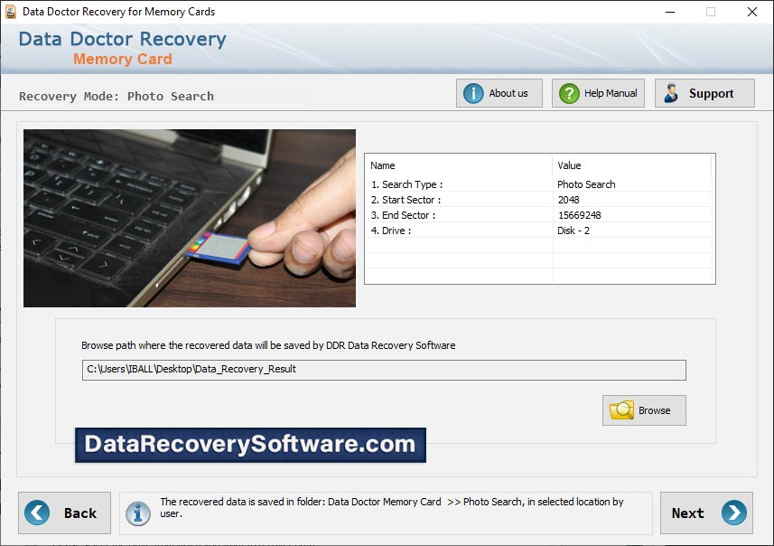 Captura de pantalla de Data Doctor Recovery Memory Card
