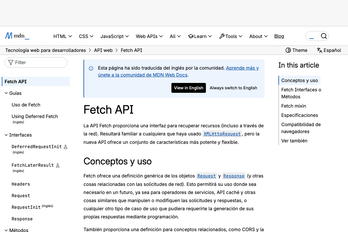 Captura de pantalla de Fetch API