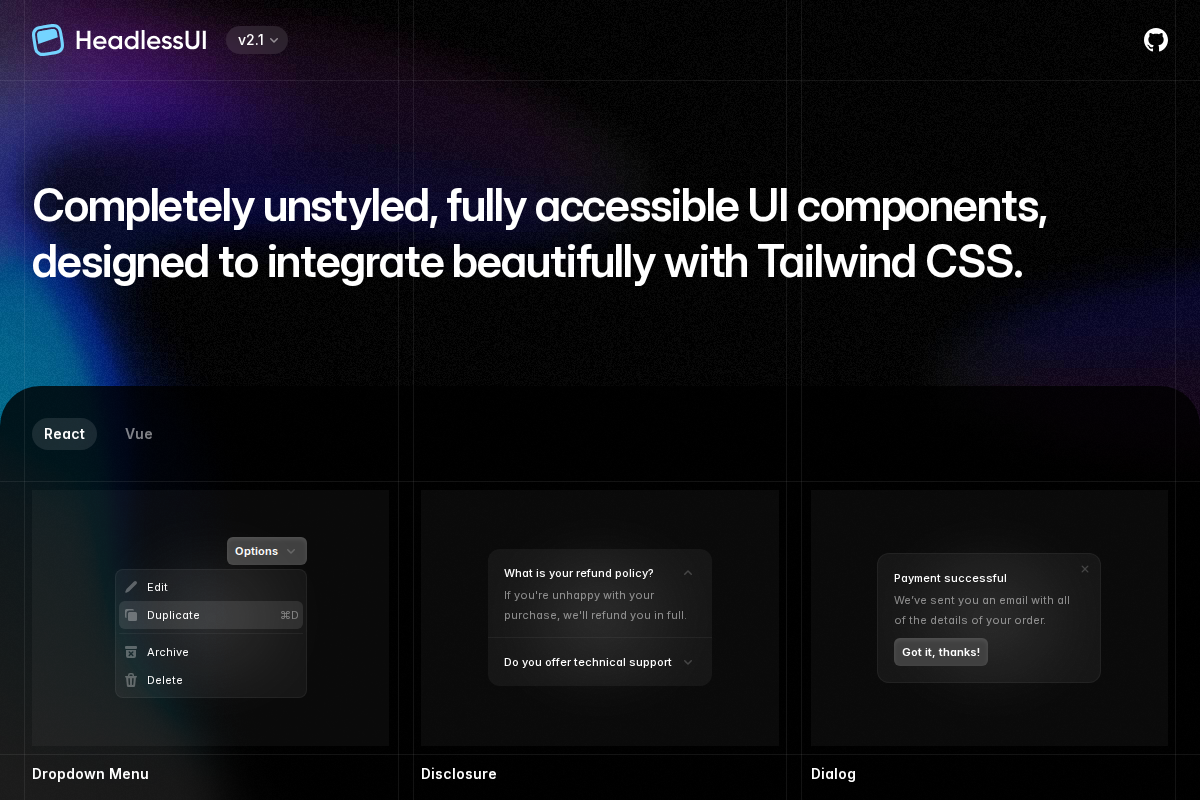 Captura de pantalla de Headless UI