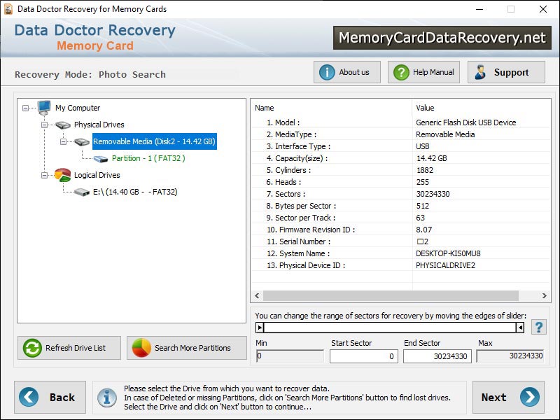 Captura de pantalla de Memory Card Restore App