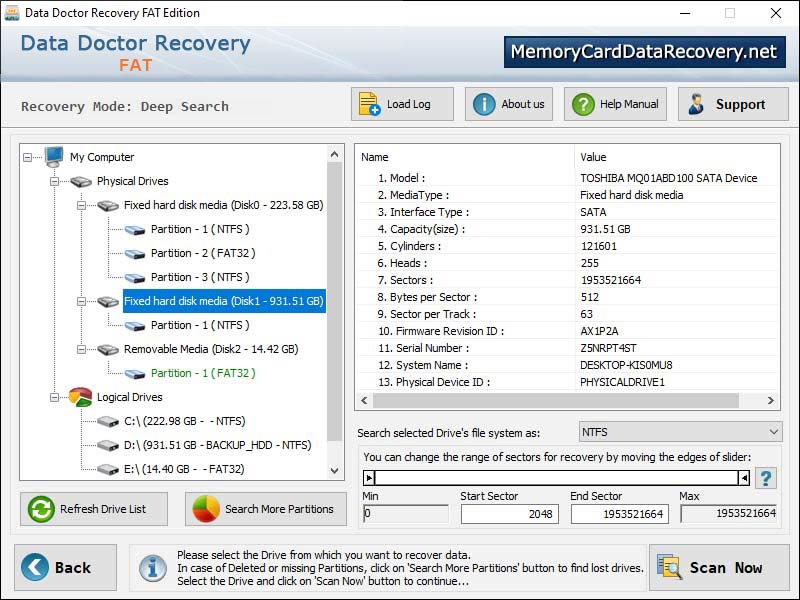 Captura de pantalla de Fat Partition Data Recovery App