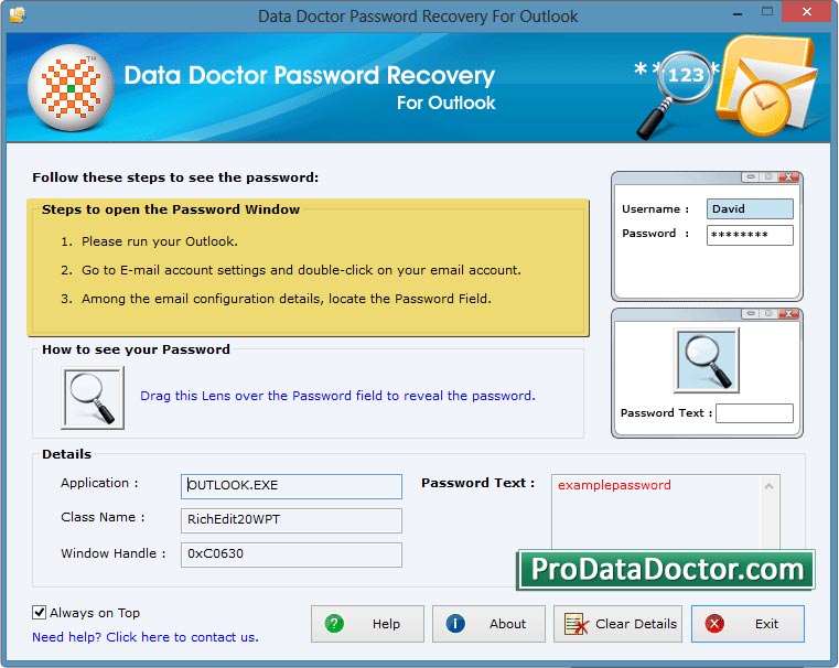 Captura de pantalla de Outlook Password Recovery