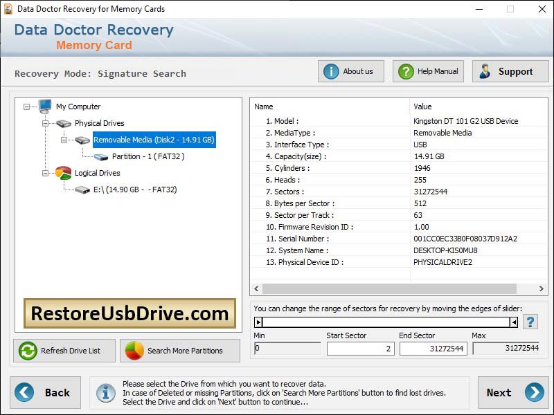 Captura de pantalla de Restore Memory Card Application