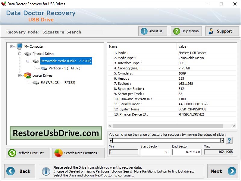 Captura de pantalla de Restore USB Drive Software