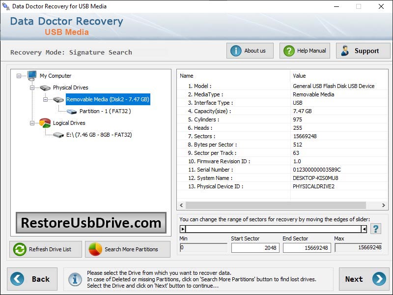 Captura de pantalla de USB Media Data Restore