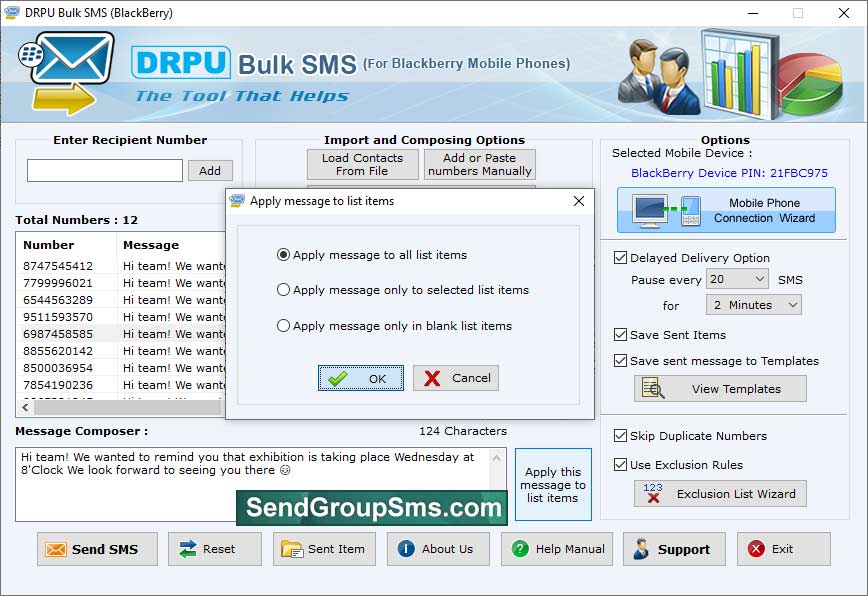Captura de pantalla de Bulk SMS Blackberry Mobile