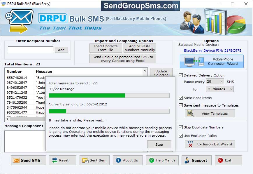 Captura de pantalla de Blackberry Bulk SMS