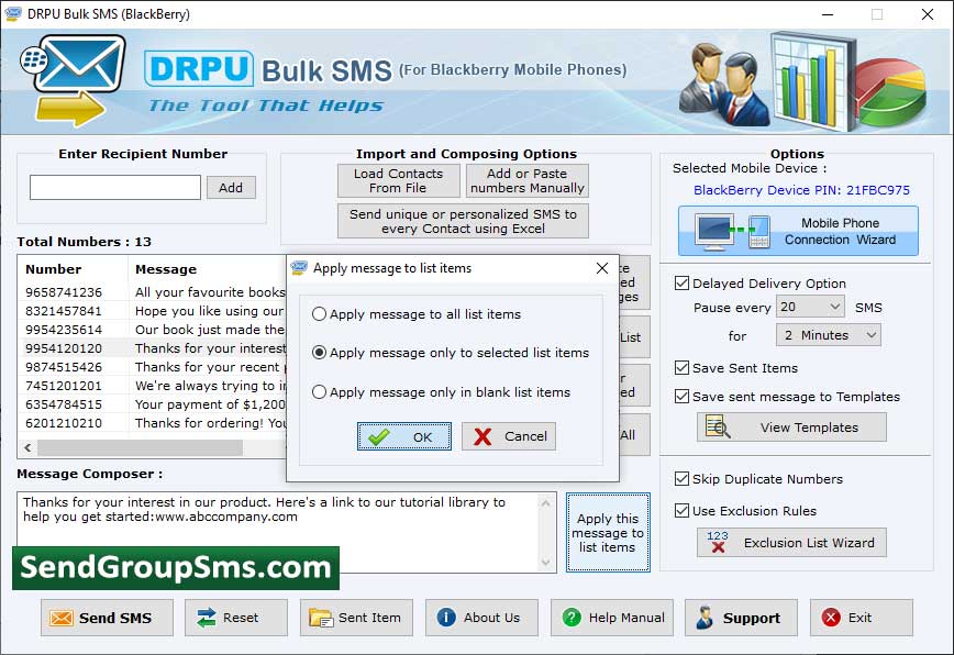 Captura de pantalla de Blackberry SMS Sending Software