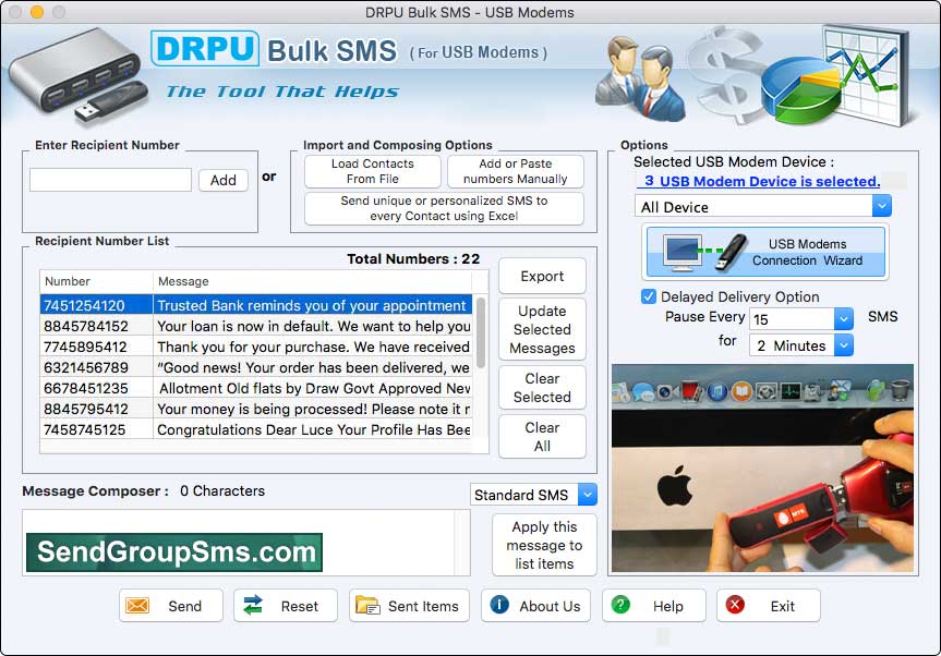 Captura de pantalla de Mac Modem SMS Software