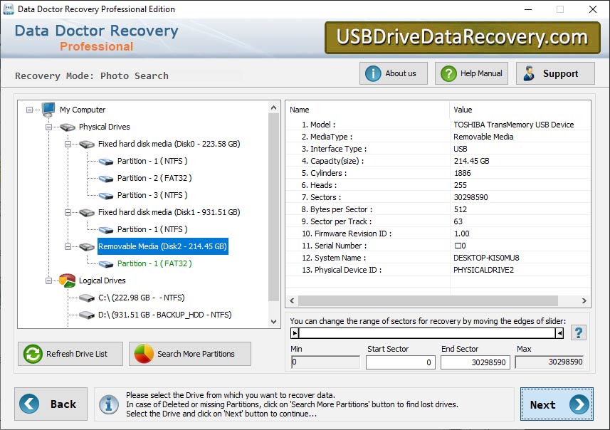 Captura de pantalla de Restore Deleted Files USB Drive