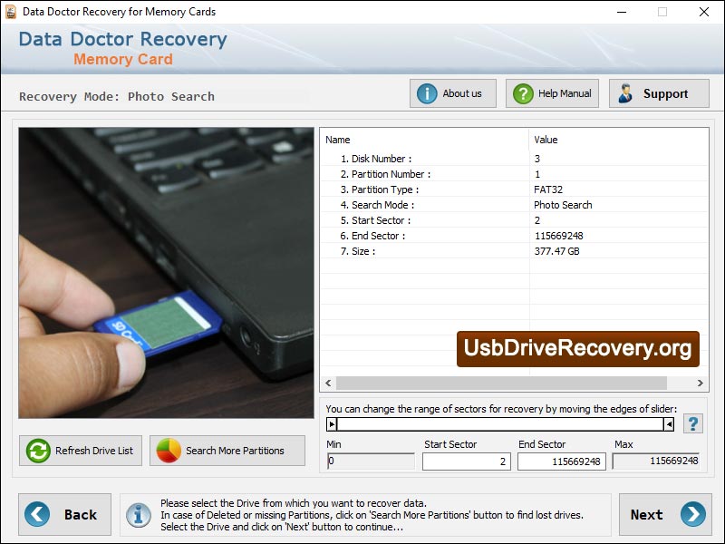 Captura de pantalla de Memory Card Files Restore Software