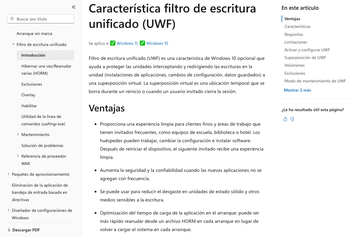Captura de pantalla de Unified Write Filter (UWF)