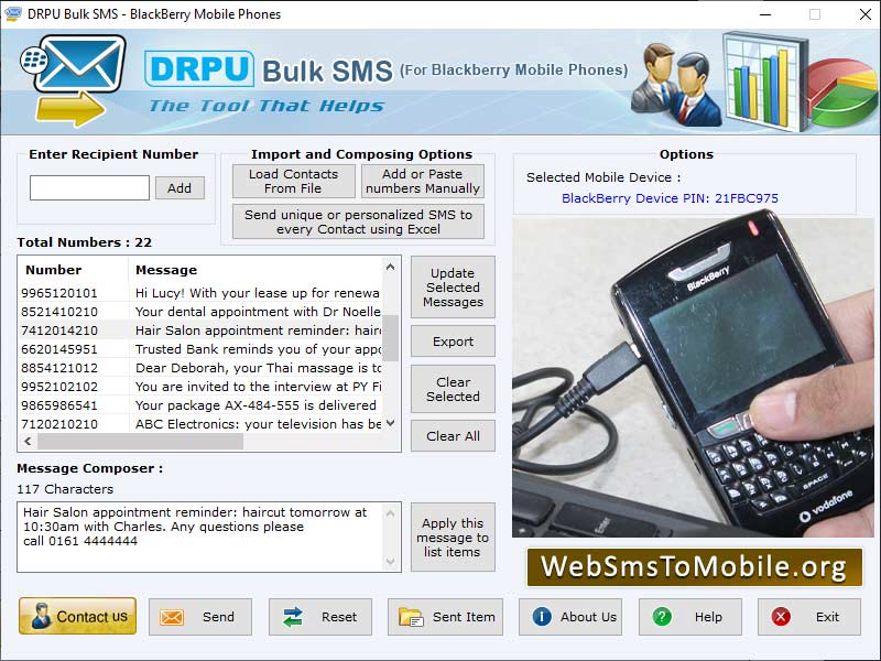 Captura de pantalla de Blackberry Mobile Bulk SMS Software