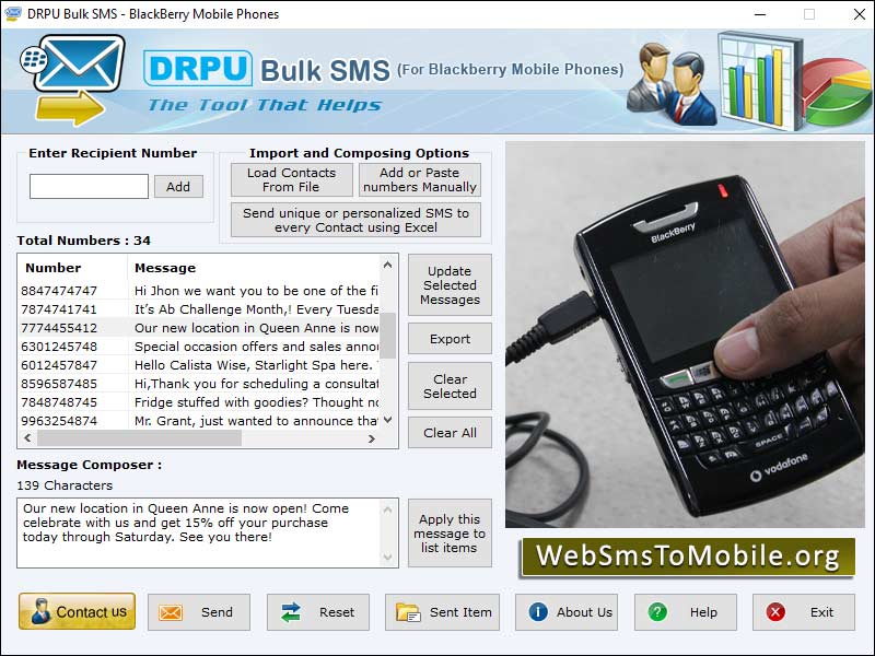 Captura de pantalla de SMS Software for Blackberry Mobile