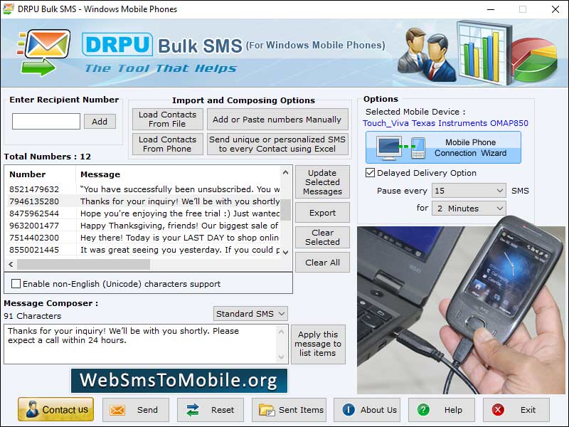 Captura de pantalla de Web SMS Windows Mobile